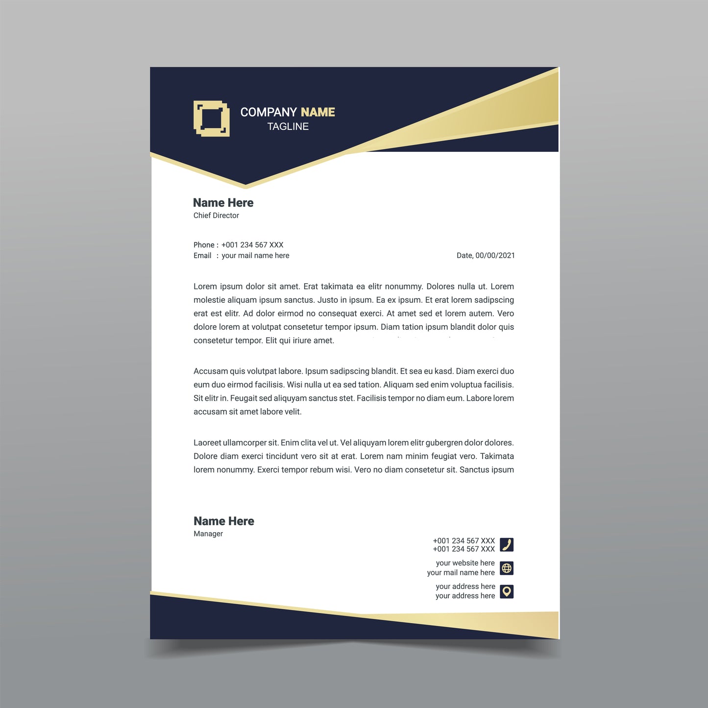 Professional letterhead design with a blue and gold color scheme on a gray background