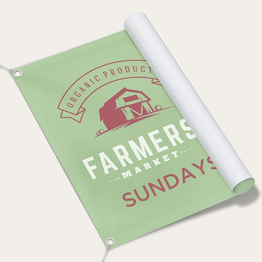 Green banner with 'Farmers Market Sundays' text and barn icon on a white background
